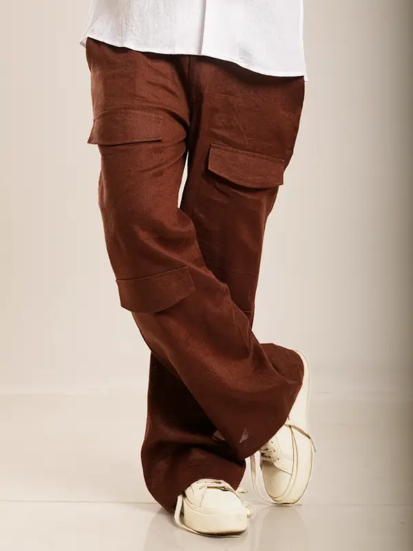 Brown Linen Cargo Trousers