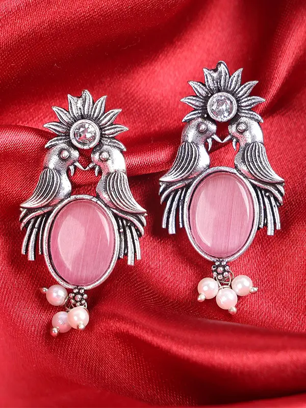 Pink Bird With Sun Design Earrings