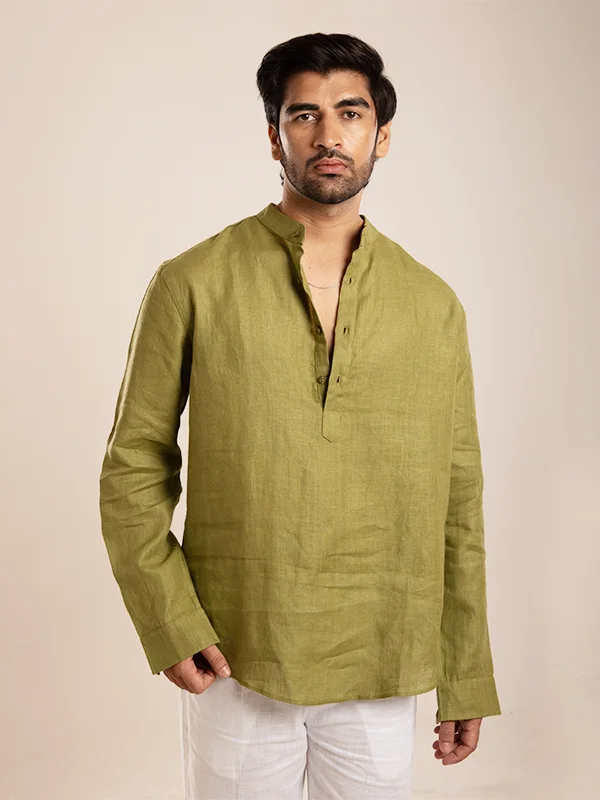 Green Linen Blend Short Kurta