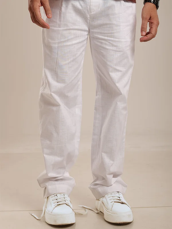 White Linen Blended Trousers