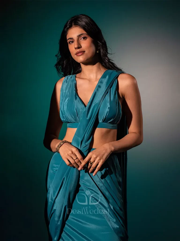 Stylish Teal French Crepe Blue Saree